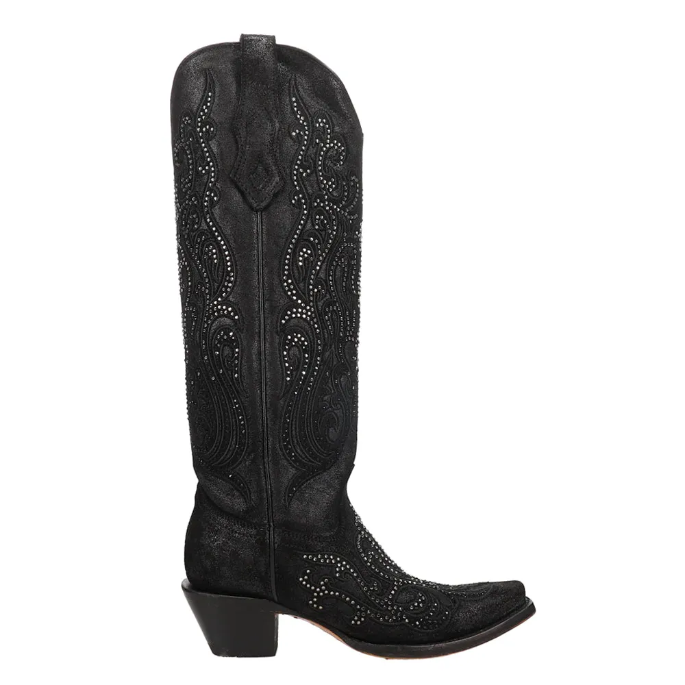 Overlay Embroidered Rhinestone Tall Snip Toe Cowboy Boots