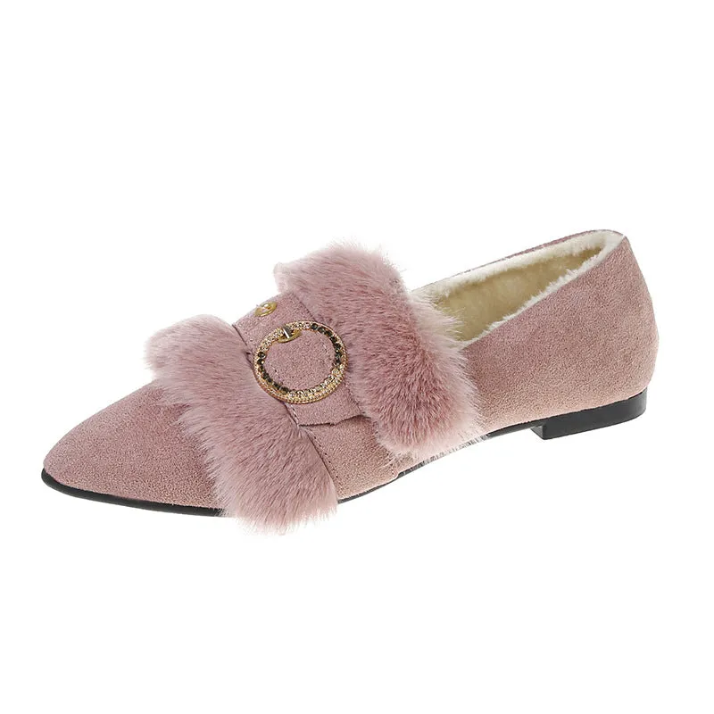 Owlkay Pointed Metal Buckle Furry Shoes Fashion Cotton Shoes