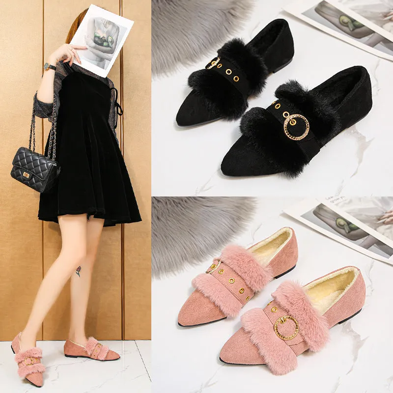 Owlkay Pointed Metal Buckle Furry Shoes Fashion Cotton Shoes