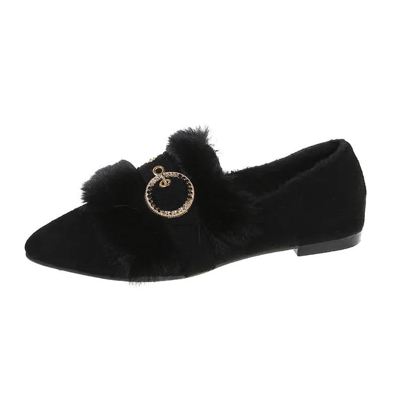 Owlkay Pointed Metal Buckle Furry Shoes Fashion Cotton Shoes
