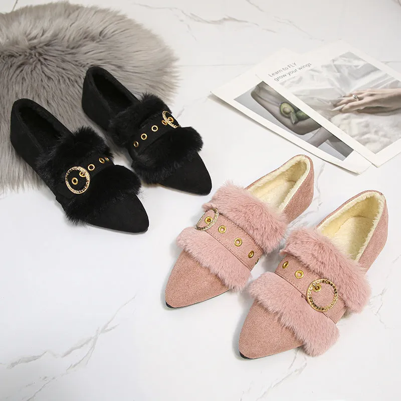 Owlkay Pointed Metal Buckle Furry Shoes Fashion Cotton Shoes