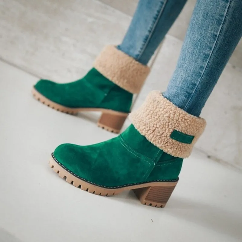 Owlkay Winter Mid-Calf Chunky Heel Suede Snow Boots