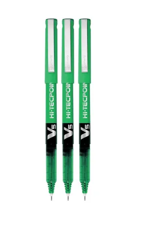 PILOT V5 HI-TECHPOINT 0.5 LIQUID INK ROLLER GREEN BALL PEN |SET OF 3|