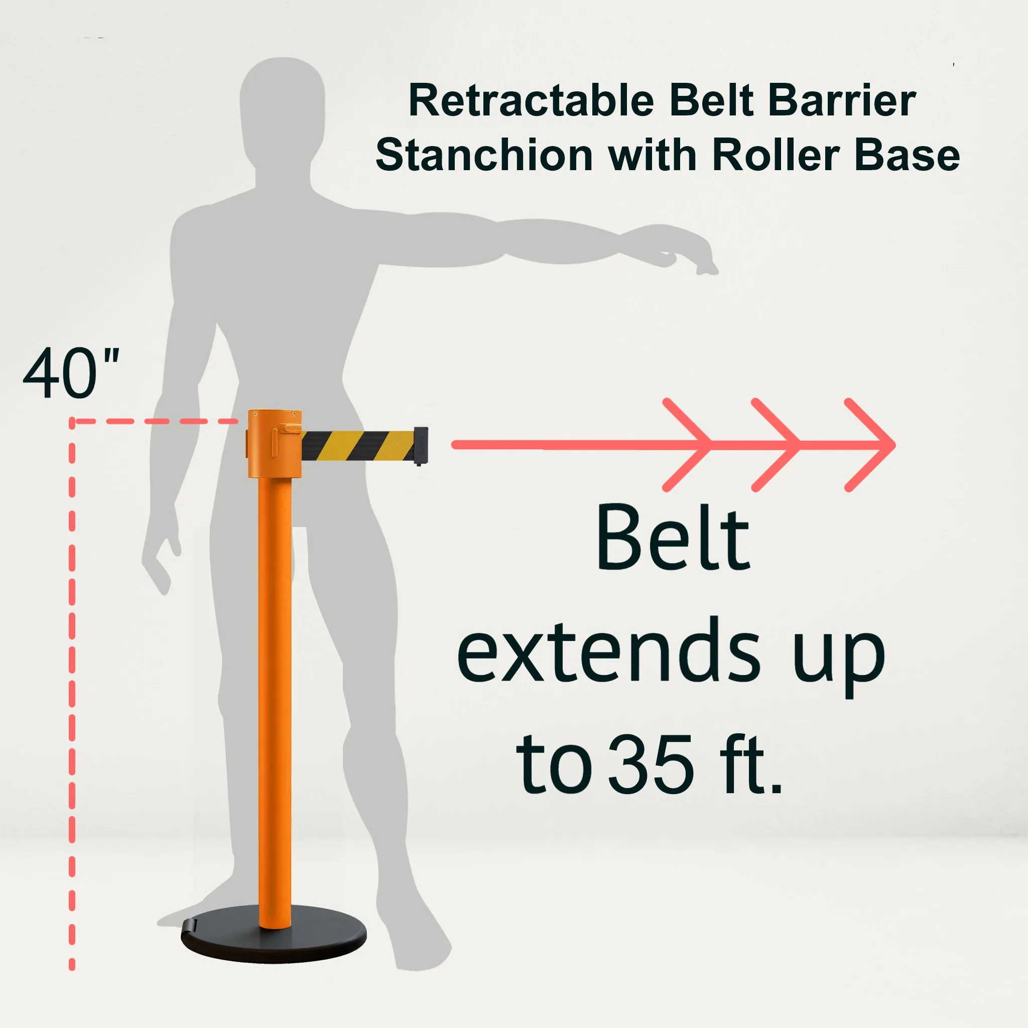 Retractable Belt Barrier Stanchion, Roller Base, Orange Post, 35 ft Belt - Montour Line MSE760