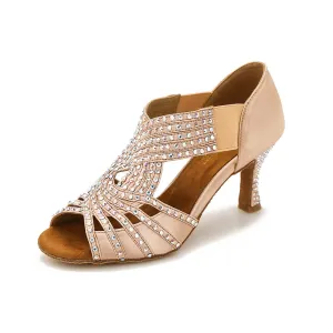 Rhinestone Ballroom Dance Shoes Flesh Satin Latin Salsa Dancing Shoes