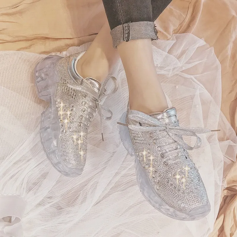 Rich rhinestone crystal Jelly bottom retro chunky clear glass sneakers shoes