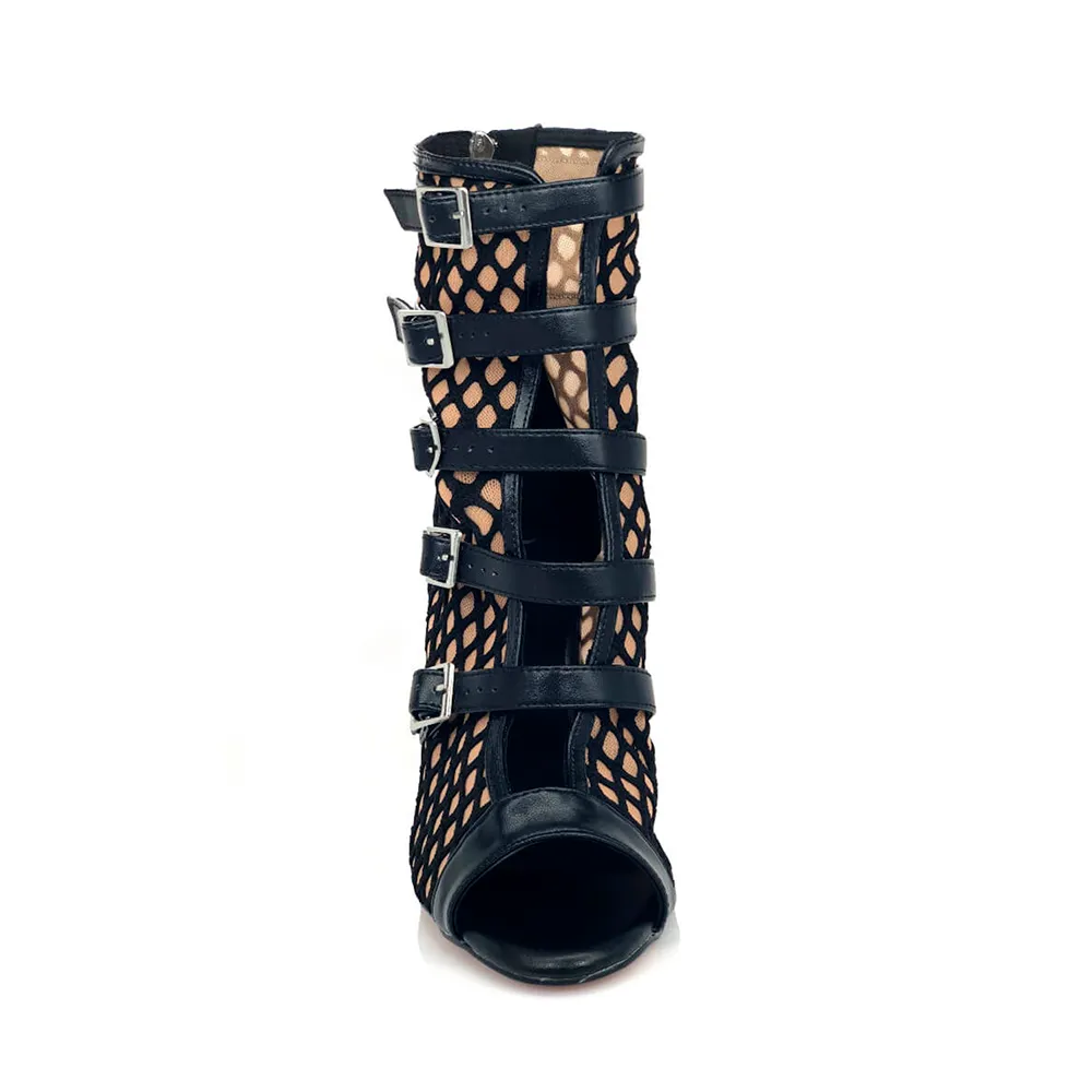 Riley - Fishnet with Buckle Straps Latin Dance Boots (Street Sole)