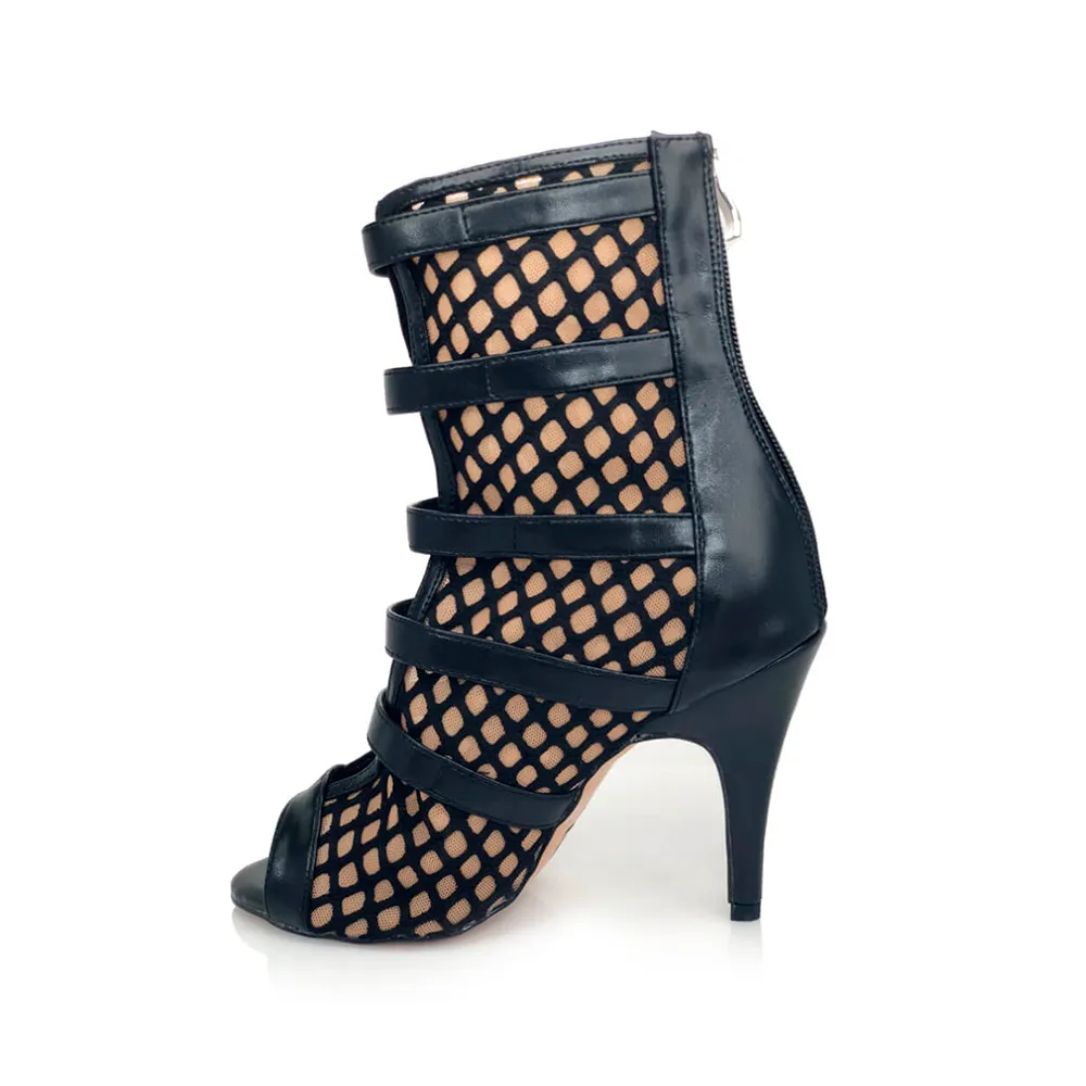 Riley - Fishnet with Buckle Straps Latin Dance Boots (Street Sole)