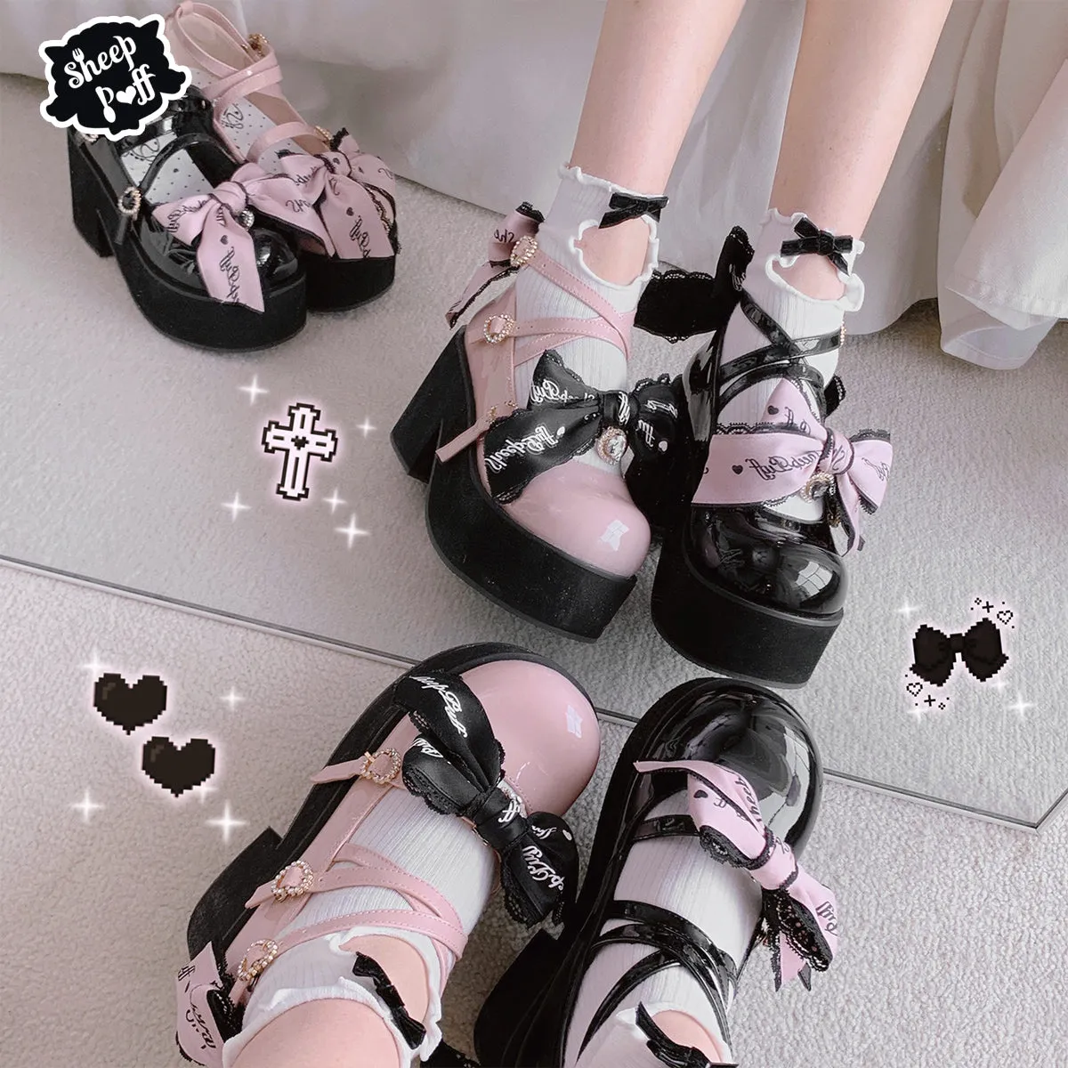 Sheep Puff~Black Pink Japanese Lolita Thick Heel Shoes