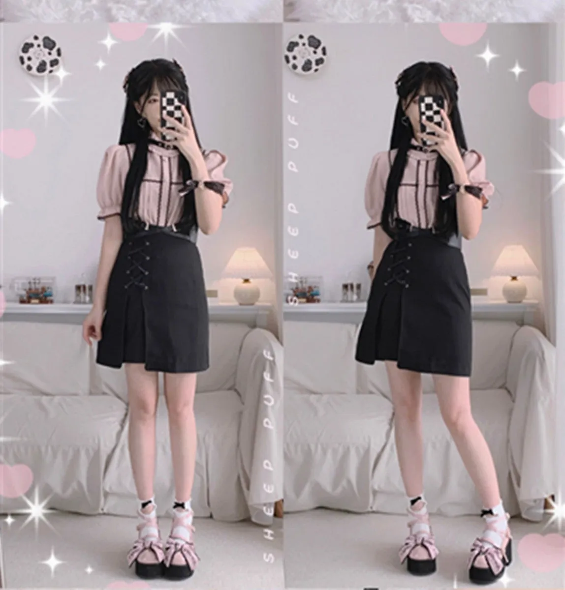 Sheep Puff~Black Pink Japanese Lolita Thick Heel Shoes