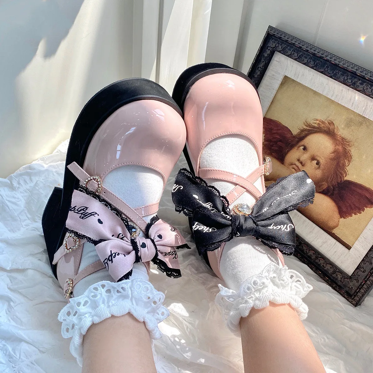 Sheep Puff~Black Pink Japanese Lolita Thick Heel Shoes
