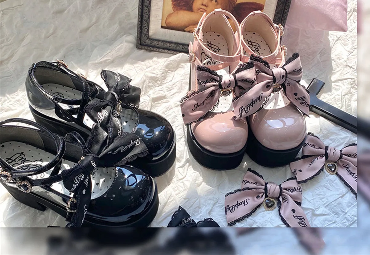 Sheep Puff~Black Pink Japanese Lolita Thick Heel Shoes