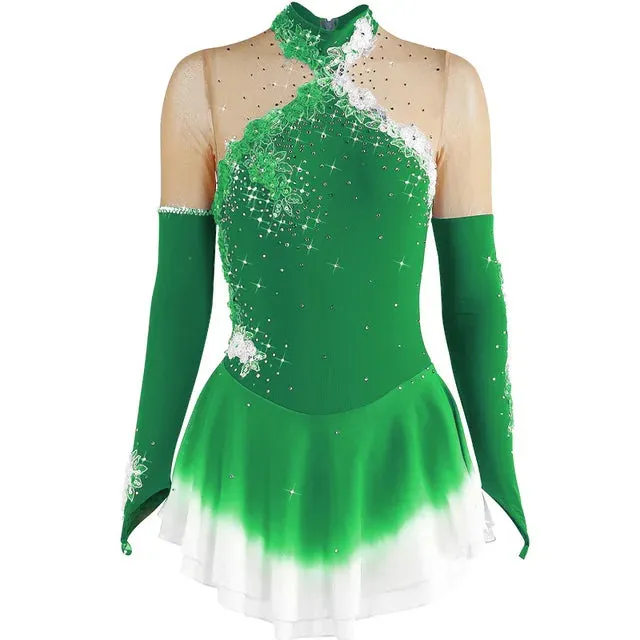 #SK0331-C GIRLS Figure Skating Dress - Long Sleeve Competition- Ice Skating Dress - Performance Dancewear With Rhinestone