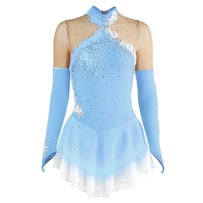 #SK0331-C GIRLS Figure Skating Dress - Long Sleeve Competition- Ice Skating Dress - Performance Dancewear With Rhinestone