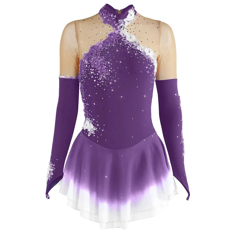 #SK0331-C GIRLS Figure Skating Dress - Long Sleeve Competition- Ice Skating Dress - Performance Dancewear With Rhinestone
