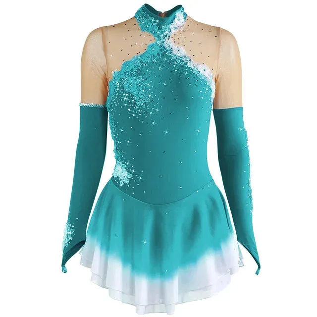 #SK0331-C GIRLS Figure Skating Dress - Long Sleeve Competition- Ice Skating Dress - Performance Dancewear With Rhinestone