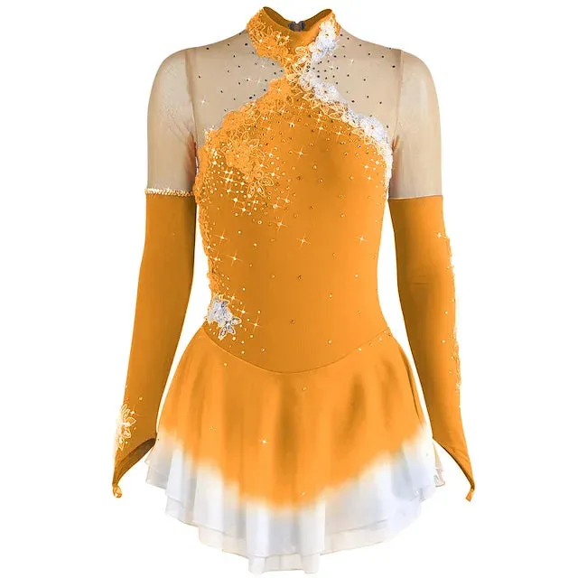 #SK0331-C GIRLS Figure Skating Dress - Long Sleeve Competition- Ice Skating Dress - Performance Dancewear With Rhinestone