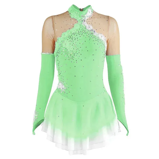 #SK0331-C GIRLS Figure Skating Dress - Long Sleeve Competition- Ice Skating Dress - Performance Dancewear With Rhinestone