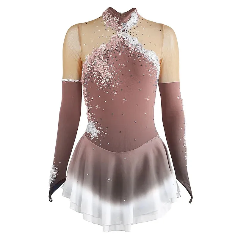 #SK0331-C GIRLS Figure Skating Dress - Long Sleeve Competition- Ice Skating Dress - Performance Dancewear With Rhinestone