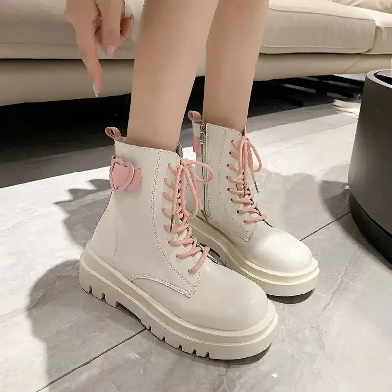 Sohiwoo Booties Round Toe Kawaii Short Shoes for Woman Punk Style Footwear Combat Platform Cute Women's Ankle Boots Chunky Spring