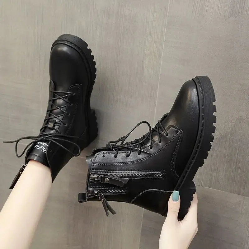Sohiwoo Footwear Combat Booties Tassel Round Toe Short Shoes for Woman Chunky High Platform Women's Ankle Boots Punk Style Pu Trend 2024