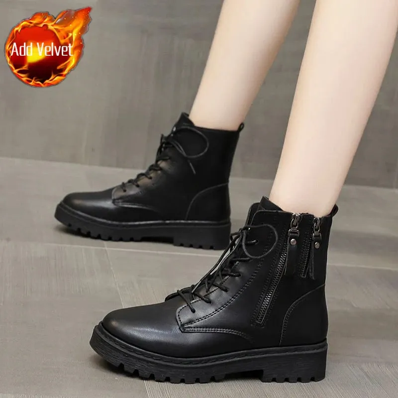 Sohiwoo Footwear Combat Booties Tassel Round Toe Short Shoes for Woman Chunky High Platform Women's Ankle Boots Punk Style Pu Trend 2024