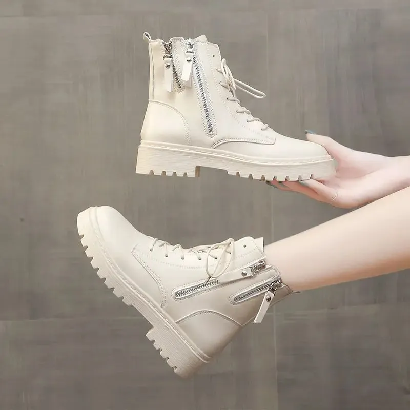 Sohiwoo Footwear Combat Booties Tassel Round Toe Short Shoes for Woman Chunky High Platform Women's Ankle Boots Punk Style Pu Trend 2024