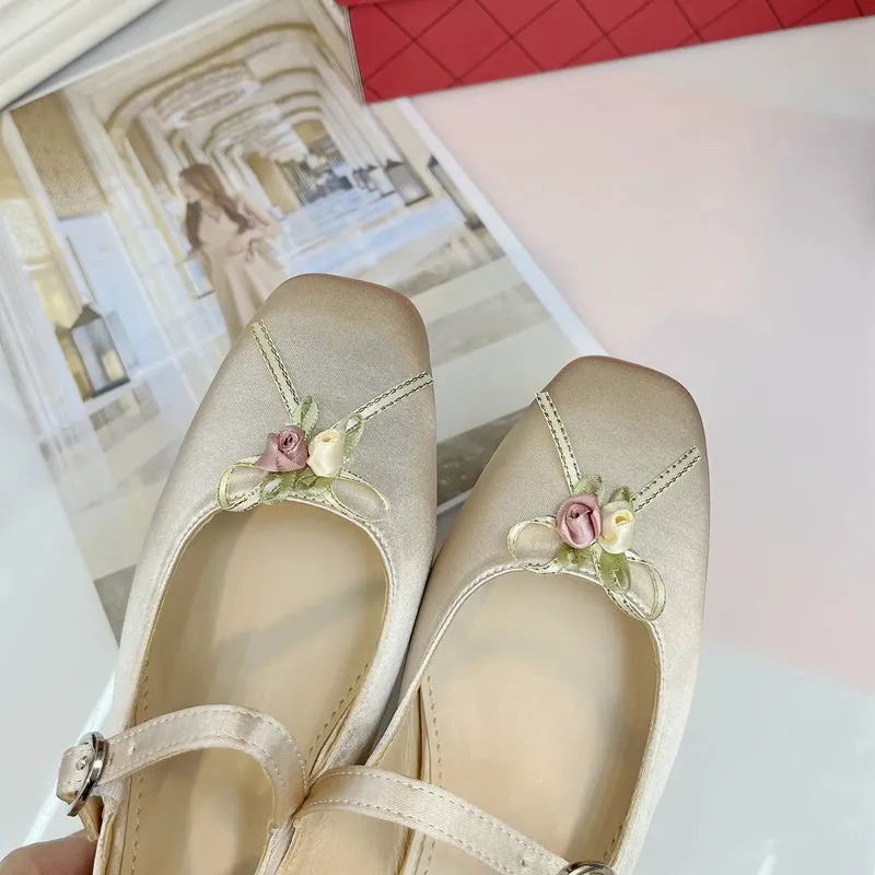 Sohiwoo French Style Retro Silk Square Toe Mary Jane Shoes Spring Summer Rose Flower Bow Low Heel Sandal Women Low Heel Party Pumps