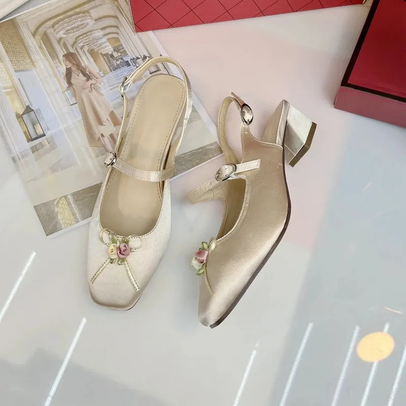 Sohiwoo French Style Retro Silk Square Toe Mary Jane Shoes Spring Summer Rose Flower Bow Low Heel Sandal Women Low Heel Party Pumps