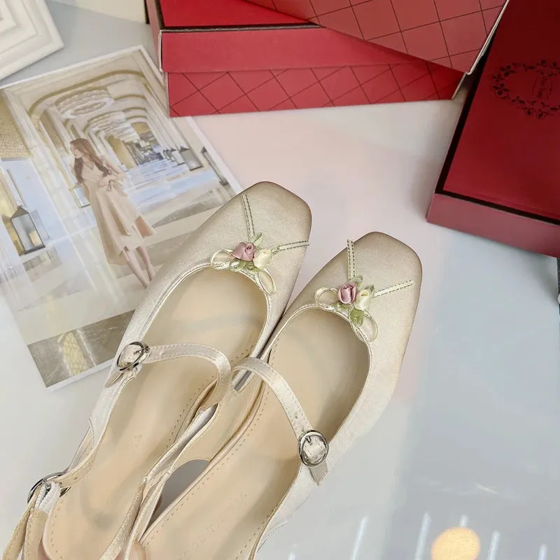 Sohiwoo French Style Retro Silk Square Toe Mary Jane Shoes Spring Summer Rose Flower Bow Low Heel Sandal Women Low Heel Party Pumps