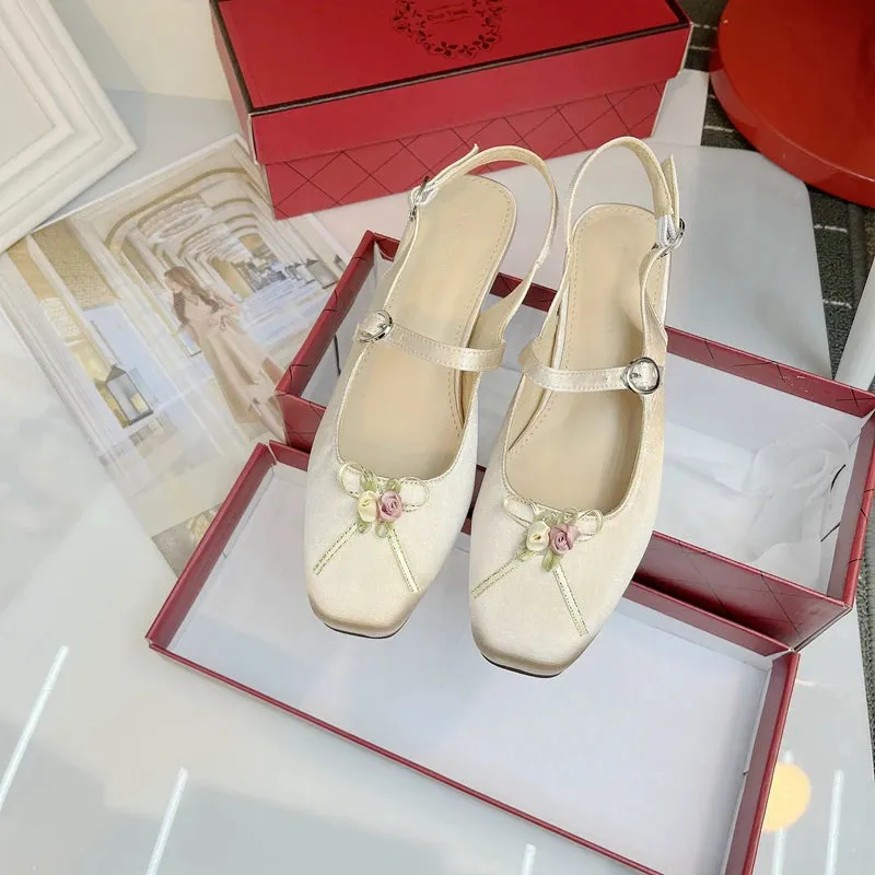 Sohiwoo French Style Retro Silk Square Toe Mary Jane Shoes Spring Summer Rose Flower Bow Low Heel Sandal Women Low Heel Party Pumps