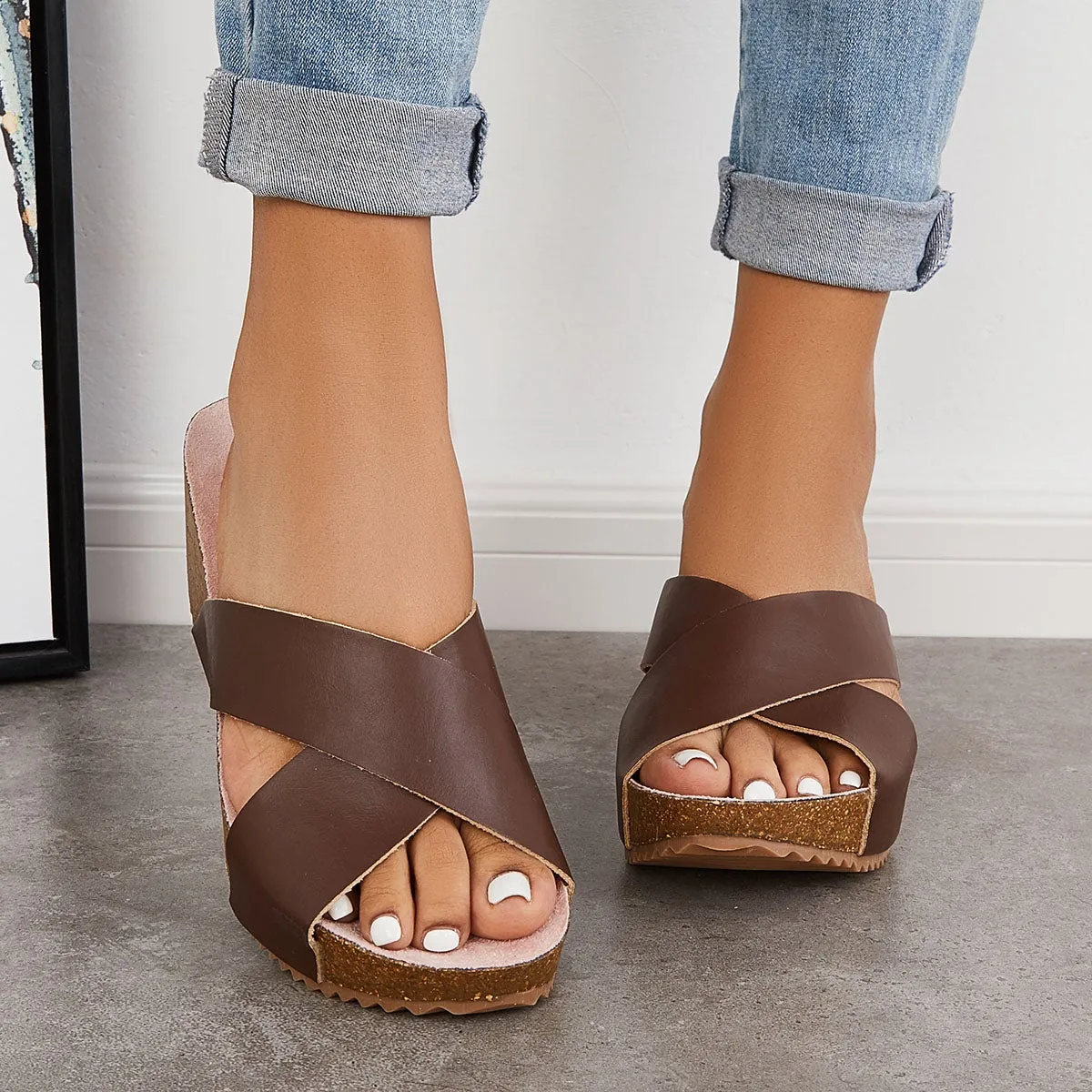 Sohiwoo  Imilybela Women Criss Cross Wedge Sandals Slip on Chunky Platform Slide Sandals