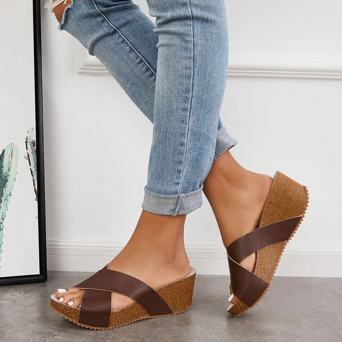 Sohiwoo  Imilybela Women Criss Cross Wedge Sandals Slip on Chunky Platform Slide Sandals