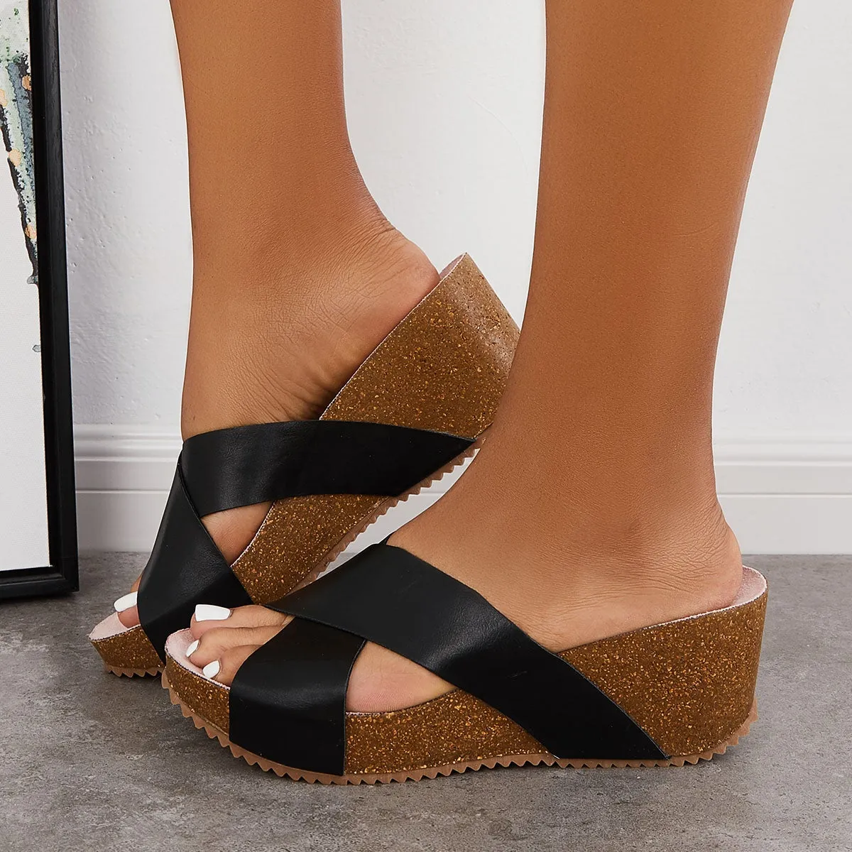 Sohiwoo  Imilybela Women Criss Cross Wedge Sandals Slip on Chunky Platform Slide Sandals