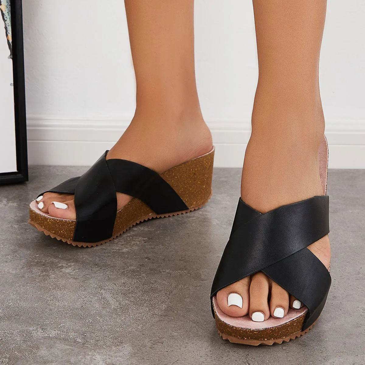 Sohiwoo  Imilybela Women Criss Cross Wedge Sandals Slip on Chunky Platform Slide Sandals