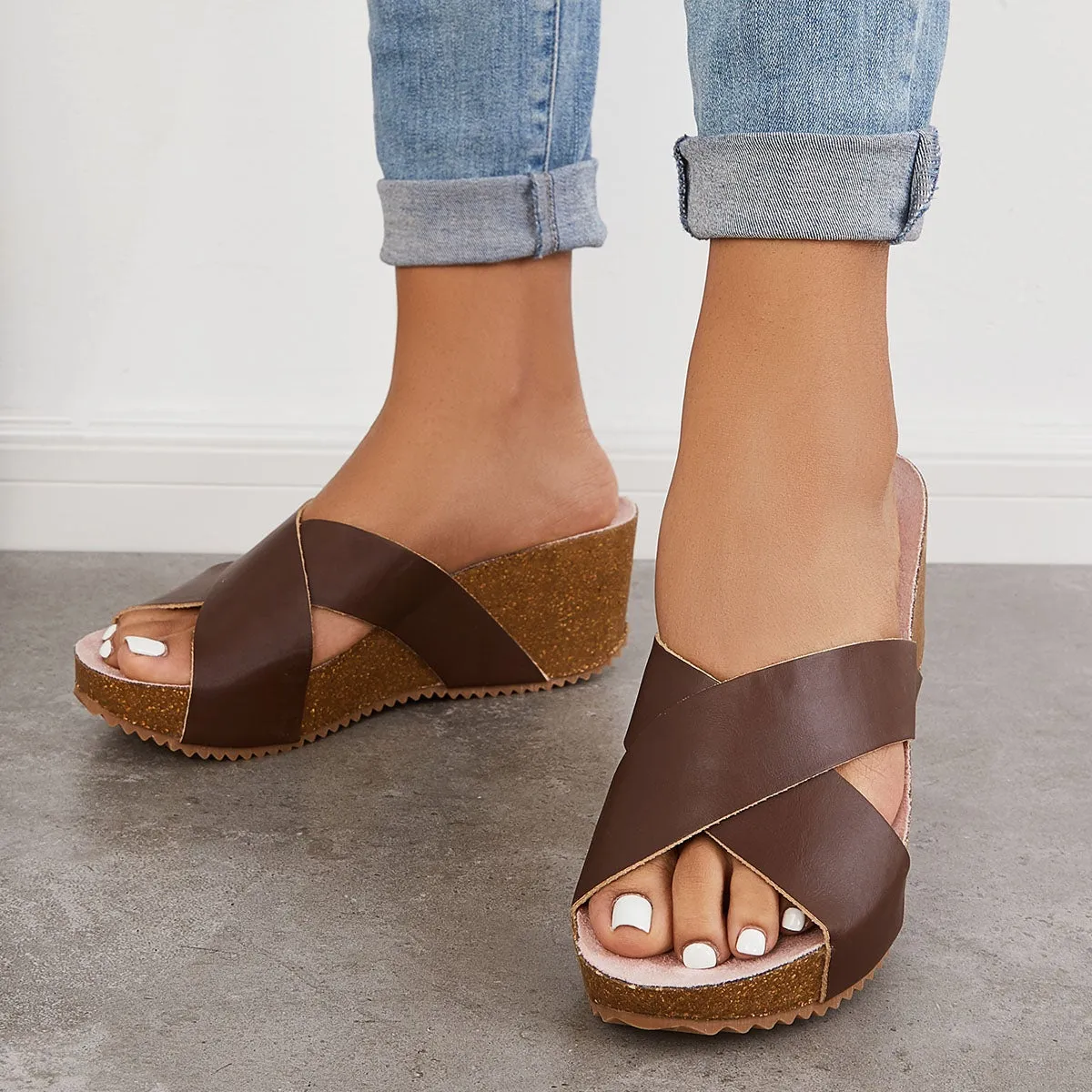 Sohiwoo  Imilybela Women Criss Cross Wedge Sandals Slip on Chunky Platform Slide Sandals