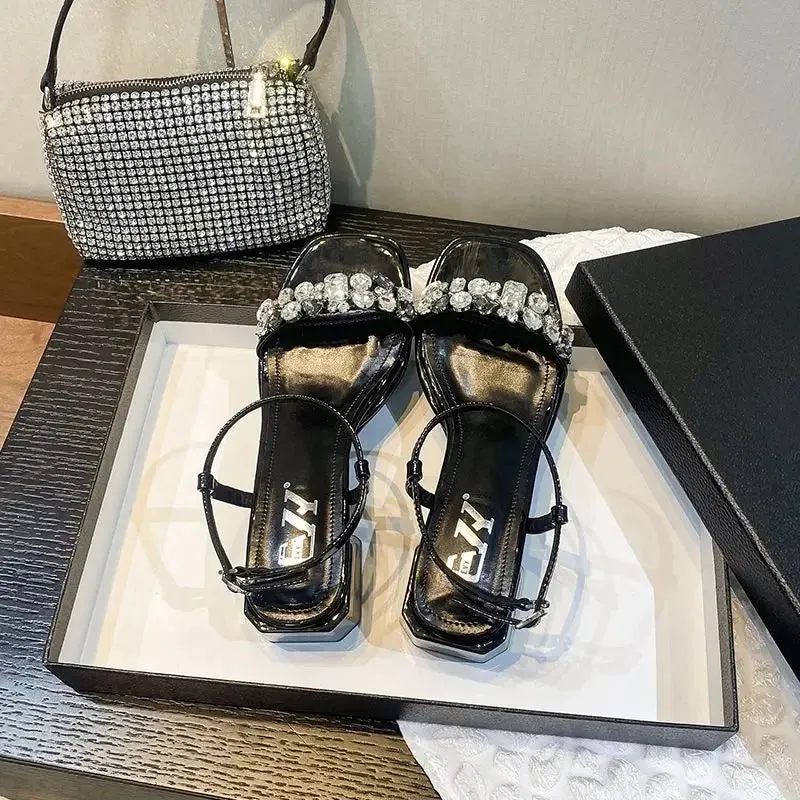 Sohiwoo Ladies Shoes Square Heels Summer 2024 Diamond Footwear Beige Sandals for Women Rhinestones Medium One Word Asian Size F Korea H
