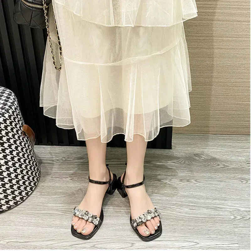 Sohiwoo Ladies Shoes Square Heels Summer 2024 Diamond Footwear Beige Sandals for Women Rhinestones Medium One Word Asian Size F Korea H