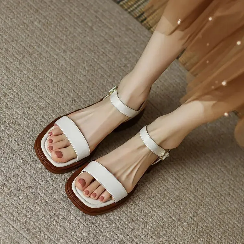 Sohiwoo Ladies Shoes with Low Heels Footwear Outdoor Sandals for Women Beige Summer 2024 One Word Square Chic and Elegant Wholesale Vip