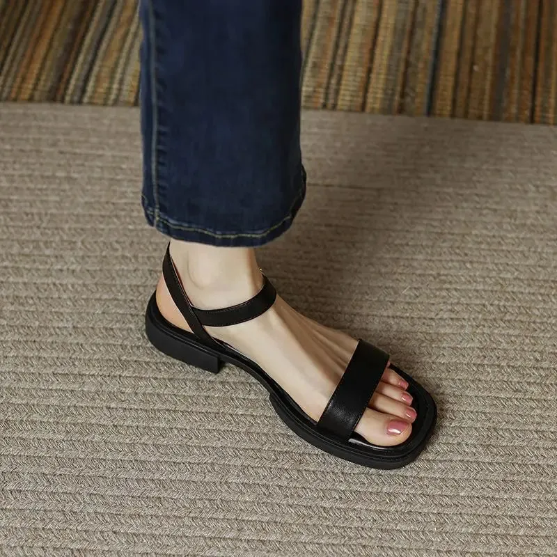 Sohiwoo Ladies Shoes with Low Heels Footwear Outdoor Sandals for Women Beige Summer 2024 One Word Square Chic and Elegant Wholesale Vip
