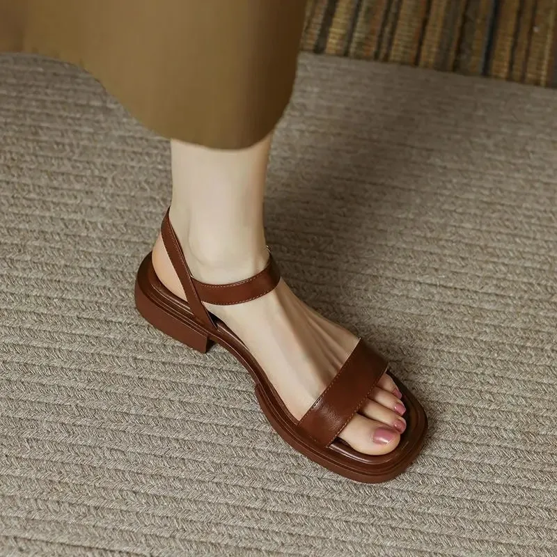 Sohiwoo Ladies Shoes with Low Heels Footwear Outdoor Sandals for Women Beige Summer 2024 One Word Square Chic and Elegant Wholesale Vip