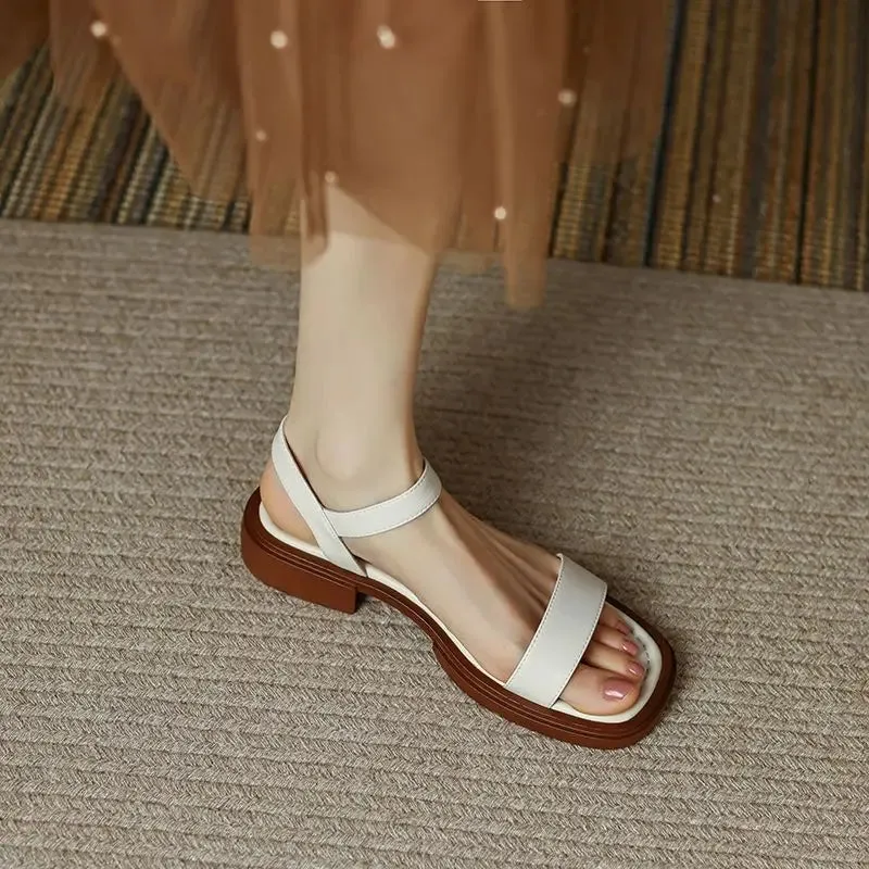 Sohiwoo Ladies Shoes with Low Heels Footwear Outdoor Sandals for Women Beige Summer 2024 One Word Square Chic and Elegant Wholesale Vip