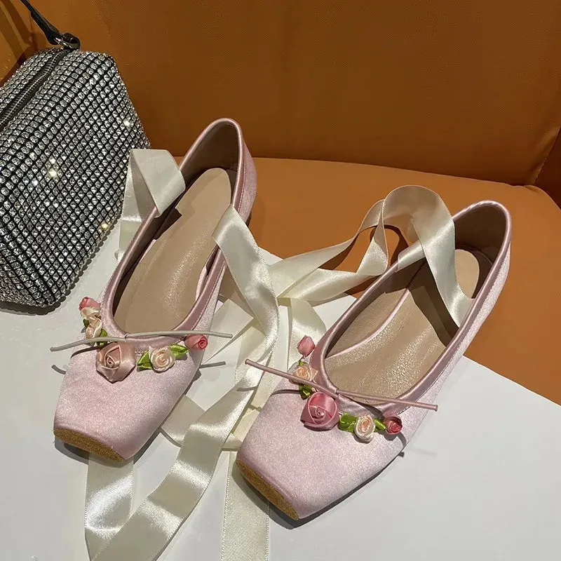 Sohiwoo NEW Classic Silk Ballet Shoes Ribbon Lace Up Ballet Shoes Women Square Toe Rose Flower Women Flats Elegant Valentine Shoes