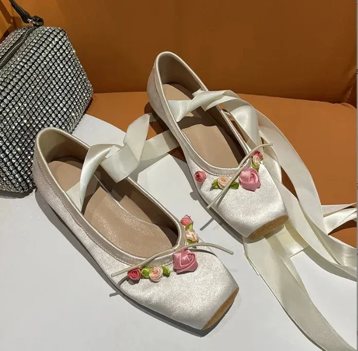 Sohiwoo NEW Classic Silk Ballet Shoes Ribbon Lace Up Ballet Shoes Women Square Toe Rose Flower Women Flats Elegant Valentine Shoes