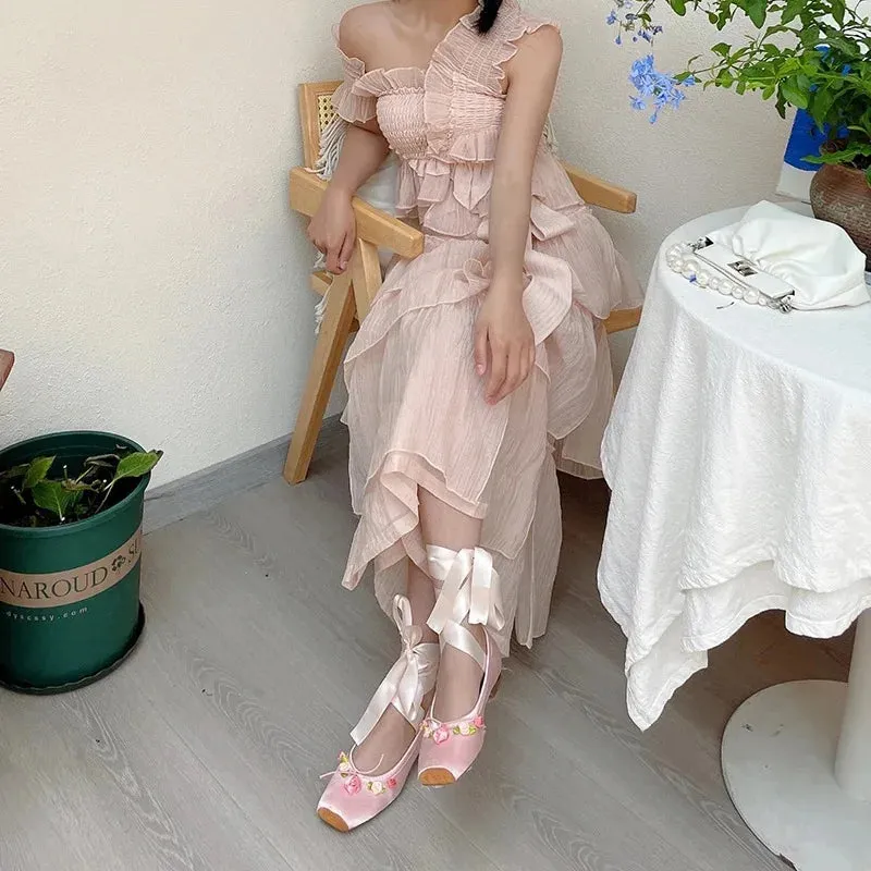 Sohiwoo NEW Classic Silk Ballet Shoes Ribbon Lace Up Ballet Shoes Women Square Toe Rose Flower Women Flats Elegant Valentine Shoes