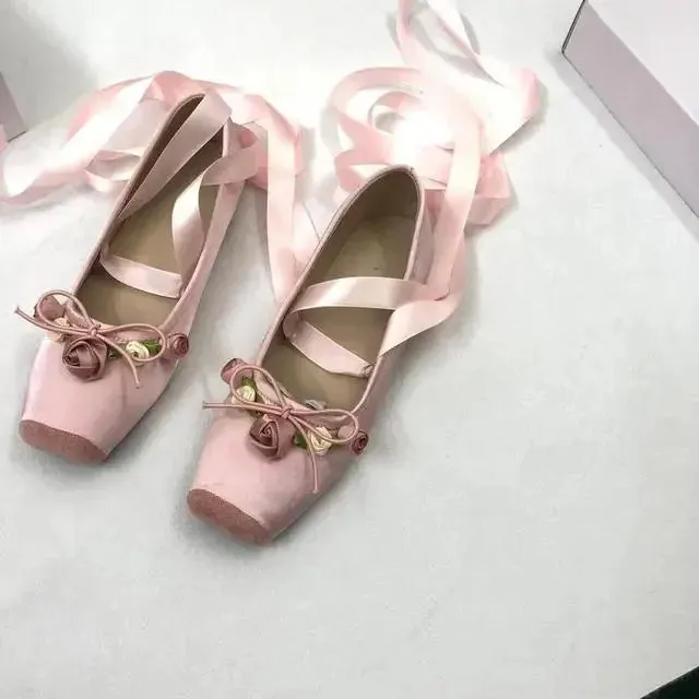 Sohiwoo NEW Classic Silk Ballet Shoes Ribbon Lace Up Ballet Shoes Women Square Toe Rose Flower Women Flats Elegant Valentine Shoes