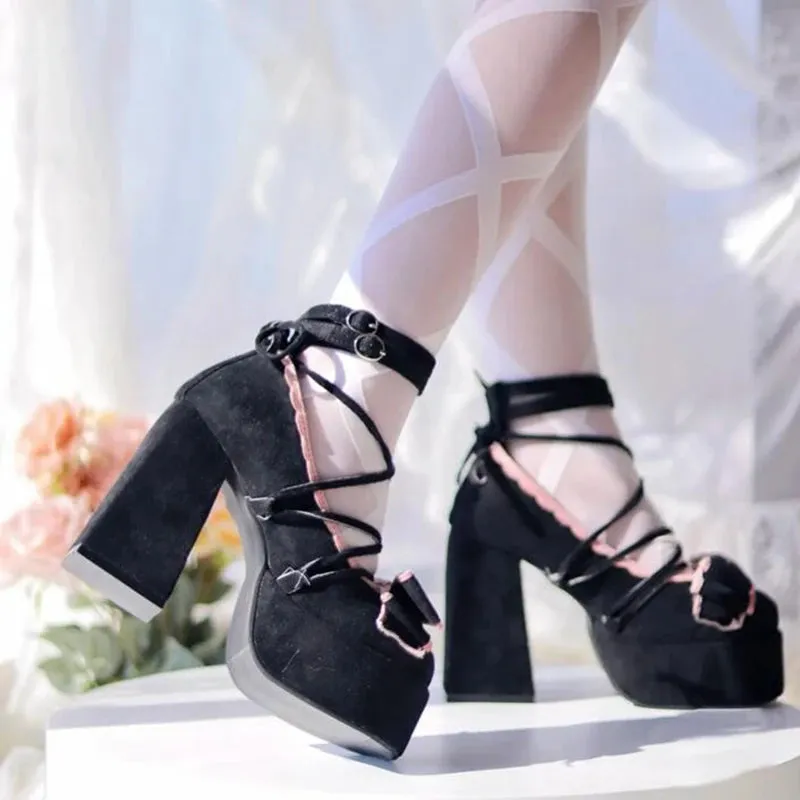 Sohiwoo NEW Classic Velvet Lace Up Lolita Young Girl Pumps Mary Jane Shoes Women Bowtie Thick Heel Elegant Valentine Shoes