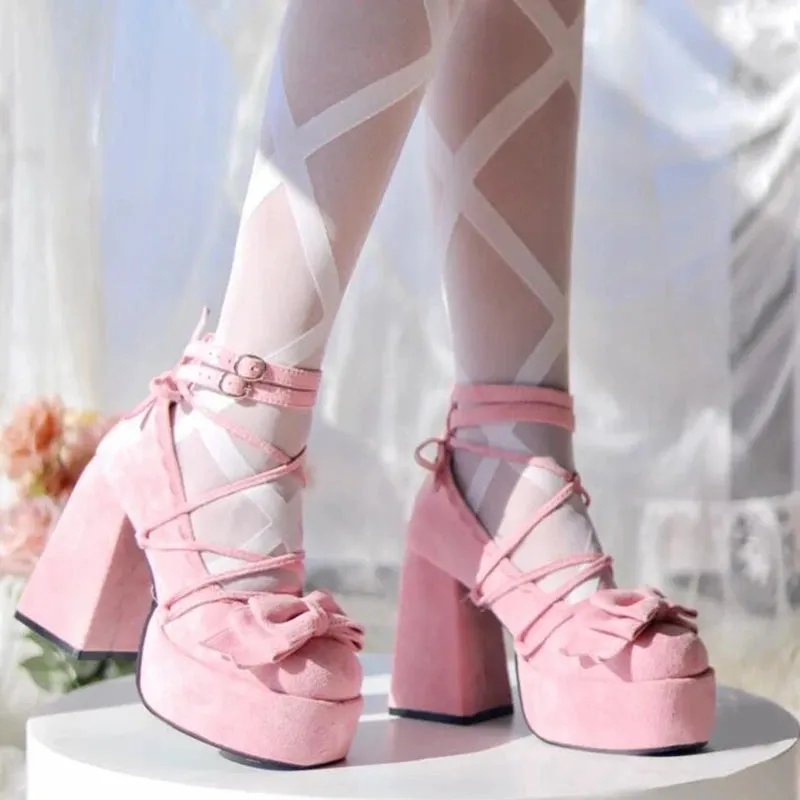 Sohiwoo NEW Classic Velvet Lace Up Lolita Young Girl Pumps Mary Jane Shoes Women Bowtie Thick Heel Elegant Valentine Shoes