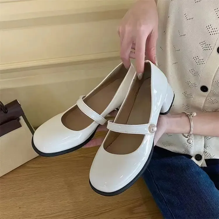 Sohiwoo Shoes for Woman 2024 Square Heels Women's Summer Footwear with Medium Mary Jane Black Japanese Style Lolita Gothic Pearl Korean