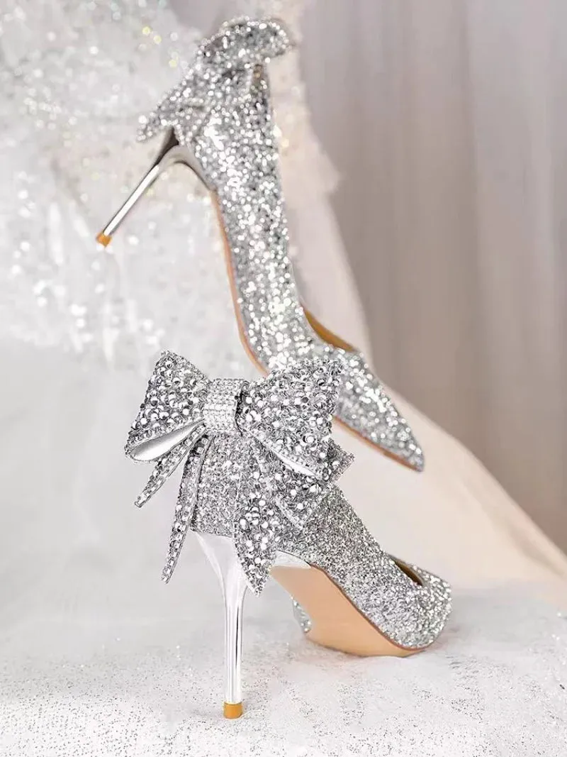 Sohiwoo Shoes for Woman Stilito Silver Women's Summer Footwear Wedding Bride Shoe Rhinestone Pointed Toe Super High Heel Diamond 39